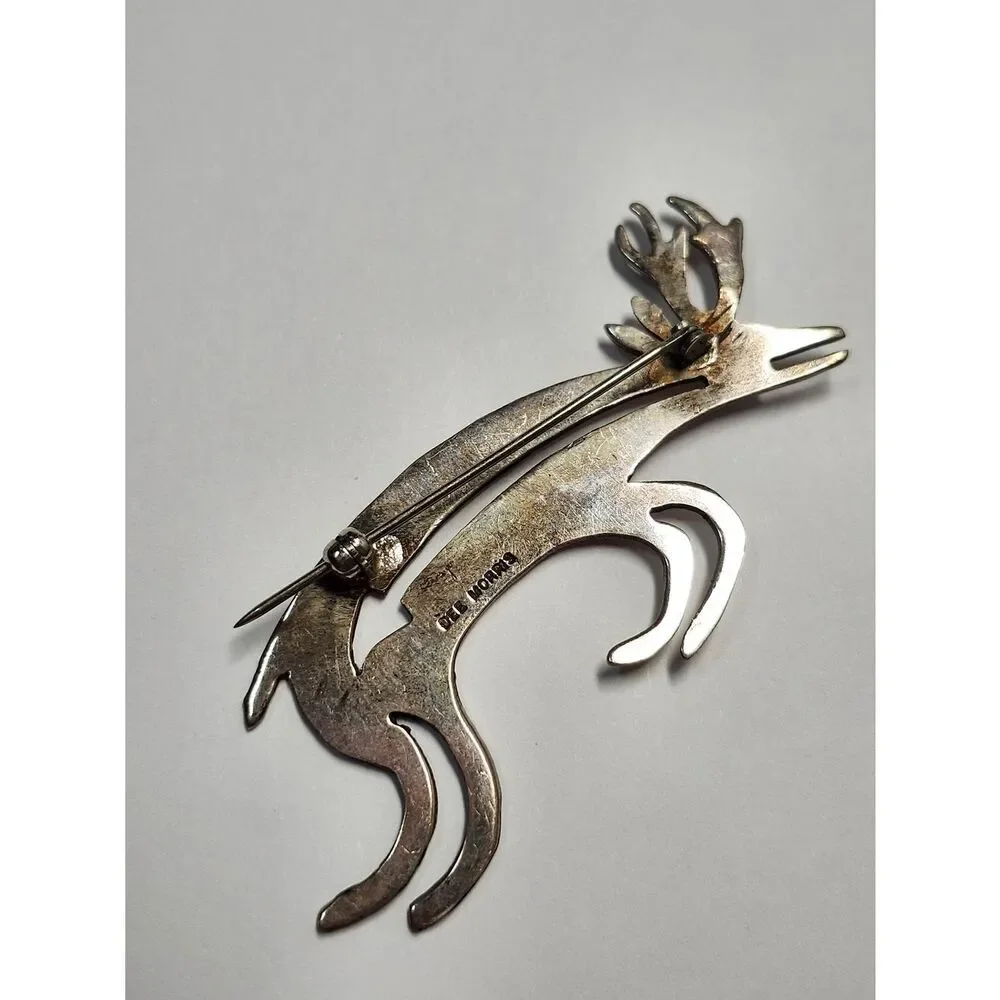 Sterling Silver Native American Artist Dee Morris Brooch Stag Deer Turquoise Eye